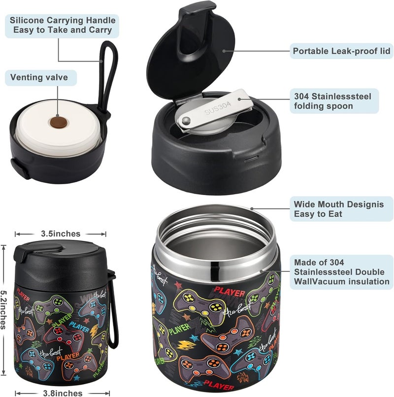 Howeemo 17oz Soup Thermo for Hot Food Kids,Insulated Food Jar with Spoon,Thermo Hot Food Lunch Container,Wide Mouth Leakproof Stainless Steel Lunch Box for School-Black Game - Image 2